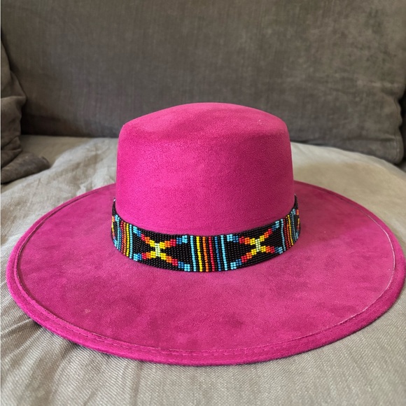 Chida Frida Fuchsia Wide-Brim Suede Hat with Multicolor Hand Beaded Band main image 3